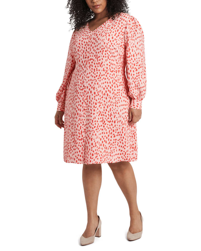 Front of a model wearing a size 12W Hazel Button Down Mini Dress in SOFT PEONY by Vince Camuto. | dia_product_style_image_id:261810